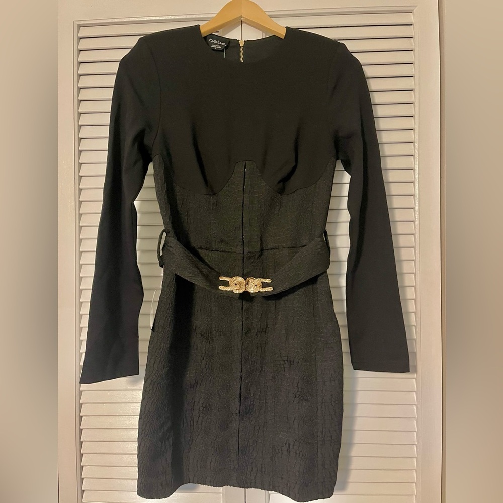 bebe Black Long Sleeve Textured Belted Dress